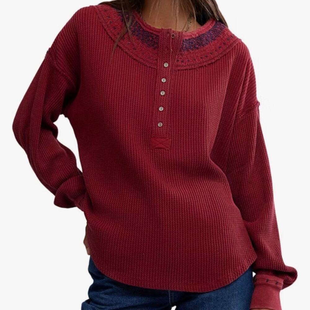 We The Free Free People Holly Henley in Burgundy Size XS